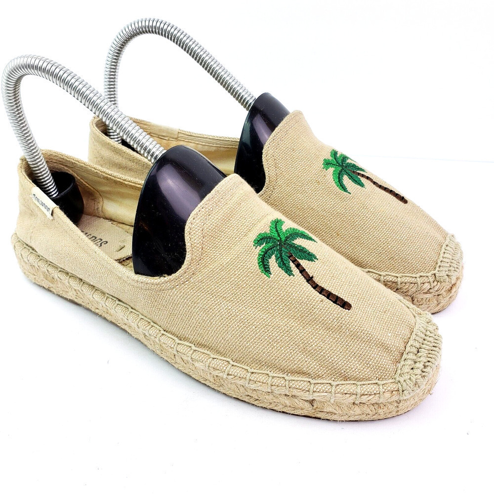 Soludos Womens Size 7.5 Tan Textile Palm Tree Slip On Espadrille Loafer Shoes